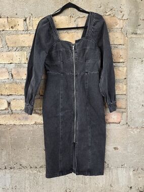 NWT Future Collective Kahlana Barfield Brown Denim Puff Sleeve Zip Dress - 12